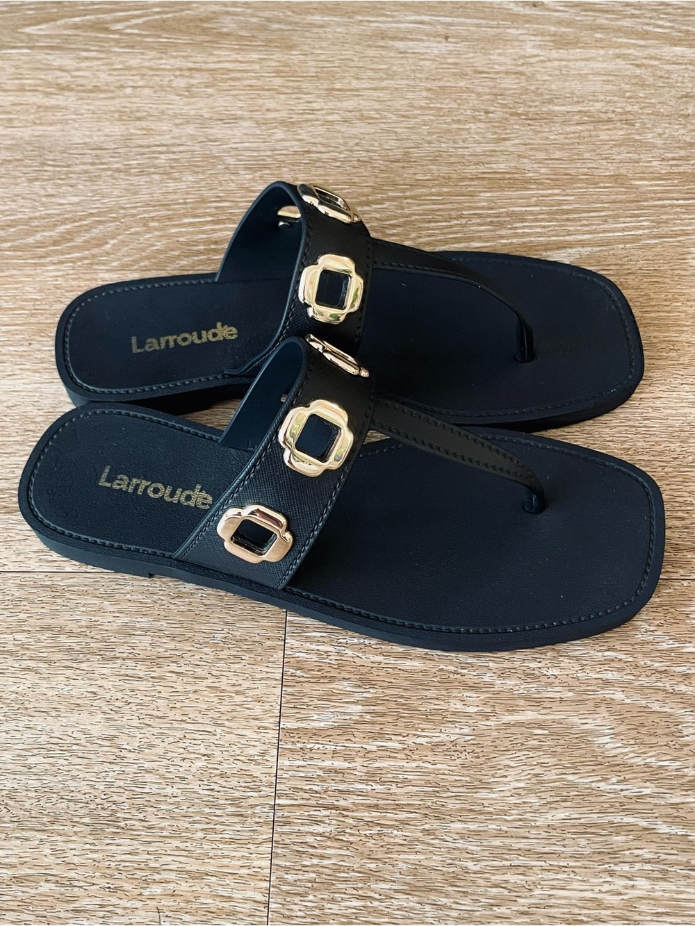 Larroude Black Sandal Thongs with Gold Buckle Detail - Picture 3 of 5